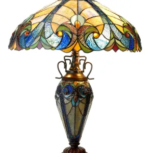 LIAISON Tiffany-style 3 Light Victorian Double Lit Table Lamp 18" Shade