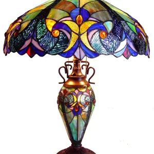 LIAISON Tiffany-style 3 Light Victorian Double Lit Table Lamp 18" Shade