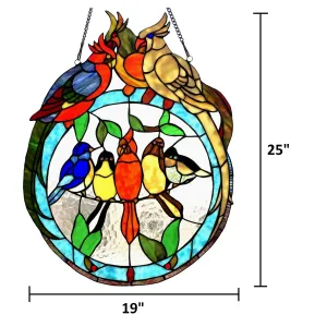 SONGBIRD Tiffany-glass featuring Birds Resting on Wire Window Panel 19x25