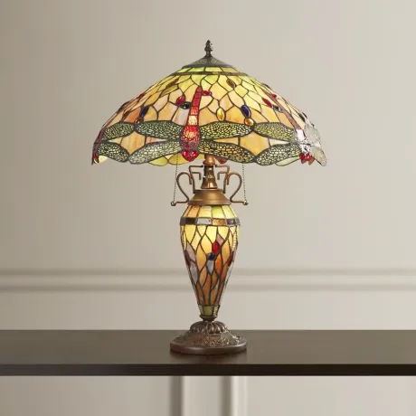 ANISOPTERA PURITY Tiffany-style Dragonfly 3 Light Double Lit Table Lamp 19" Shade