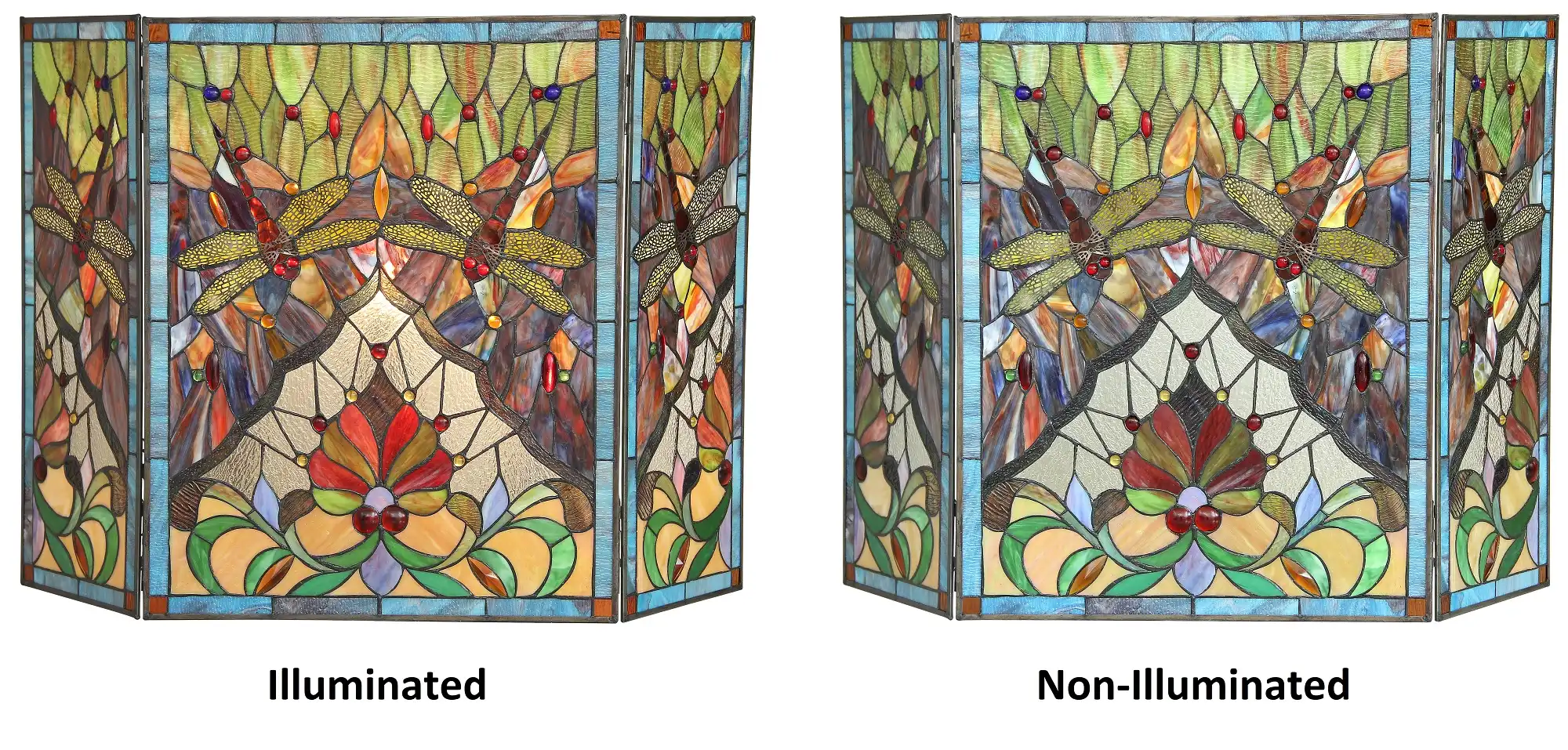 ANISOPTERA PURITY Tiffany-glass 3pcs Folding Dragonfly Fireplace Screen 44" Wide