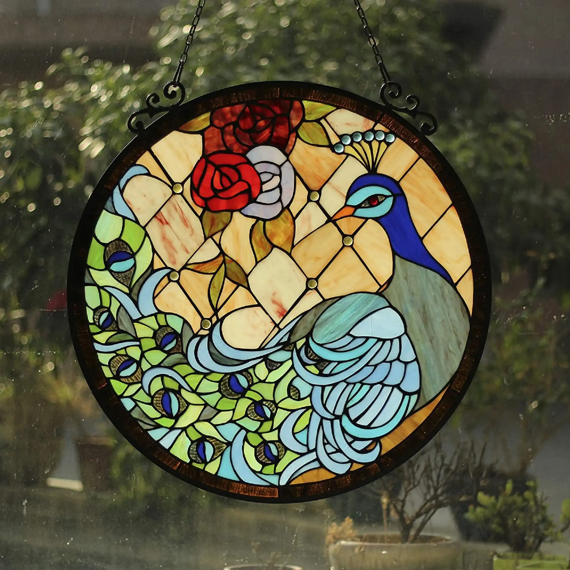 MADISON Tiffany-glass Peacock Window Panel 24"