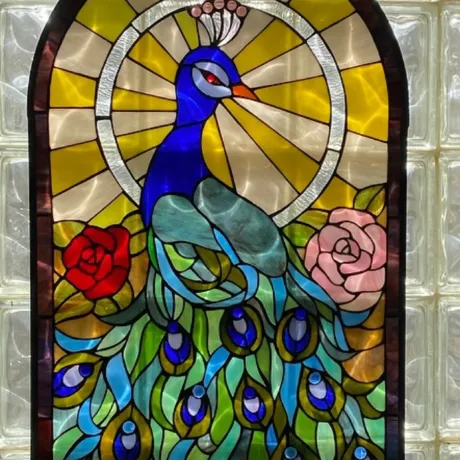 INDIA Tiffany-glass Peacock Window Panel 24x38