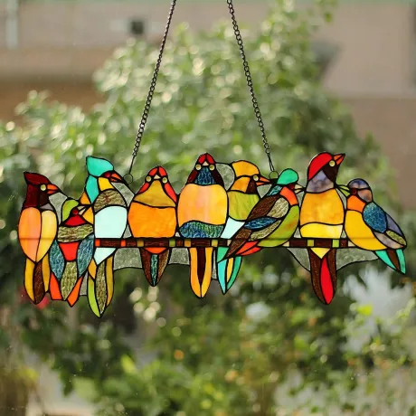 BIRDS ON A VINE Tiffany-style Animal Design Window Panel 25" x 10"
